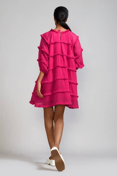 Shop MATI_1 Pink Cotton Fringe Round Neck Tassel Tiered Dress at Aza Fashions Shop_MATI_1_Pink Cotton Fringe Round Neck Tassel Tiered Dress _at_Aza_Fashions