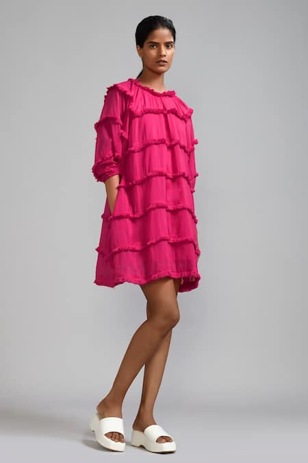 MATI_1 Pink Cotton Fringe Round Neck Tassel Tiered Dress Online at Aza Fashions MATI_1_Pink Cotton Fringe Round Neck Tassel Tiered Dress _Online_at_Aza_Fashions