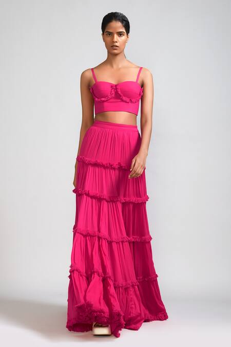 MATI_1 Pink Cotton Tassels Fringe Tiered Lehenga Skirt Online at Aza Fashions MATI_1_Pink Cotton Tassels Fringe Tiered Lehenga Skirt _Online_at_Aza_Fashions