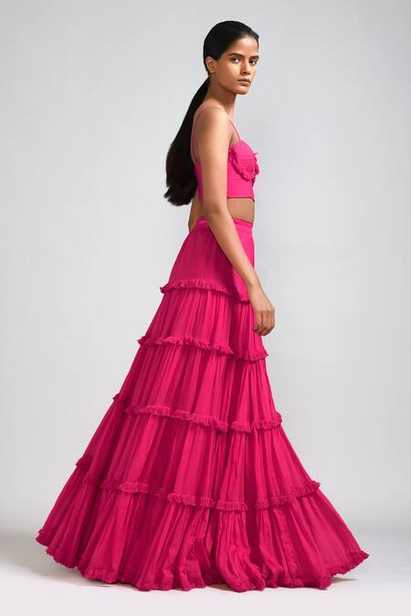 Buy MATI_1 Pink Cotton Tassels Fringe Tiered Lehenga Skirt Online at Aza Fashions Buy_MATI_1_Pink Cotton Tassels Fringe Tiered Lehenga Skirt _Online_at_Aza_Fashions