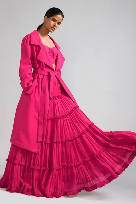 Shop MATI_1 Pink Cotton Fringe Sweetheart Neck, Collared Tasselled Tiered Lehenga Set at Aza Fashions Shop_MATI_1_Pink Cotton Fringe Sweetheart Neck, Collared Tasselled Tiered Lehenga Set _at_Aza_Fashions