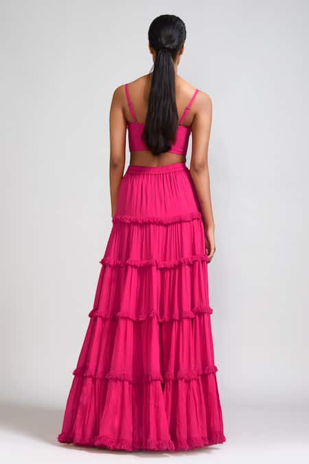 Shop_Mati_Pink Cotton Fringe Sweetheart Neck Tasselled Tiered Lehenga And Blouse Set _at_Aza_Fashions