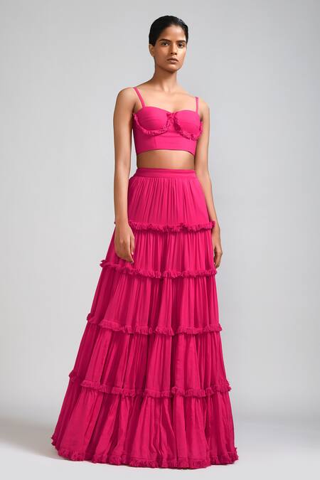 Mati_Pink Cotton Fringe Sweetheart Neck Tasselled Tiered Lehenga And Blouse Set _Online_at_Aza_Fashions