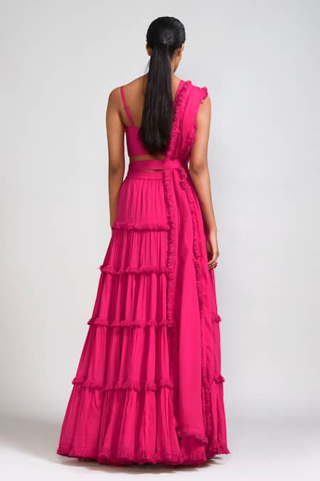 Shop_Mati_Pink Cotton Fringe, Tassels Sweetheart Neck Lehenga Blouse Set _at_Aza_Fashions