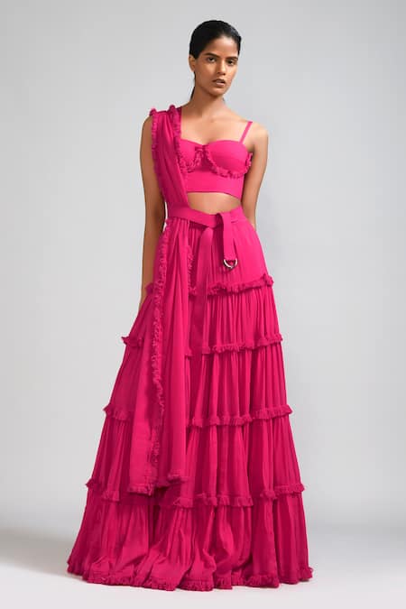 Mati_Pink Cotton Fringe, Tassels Sweetheart Neck Lehenga Blouse Set _Online_at_Aza_Fashions