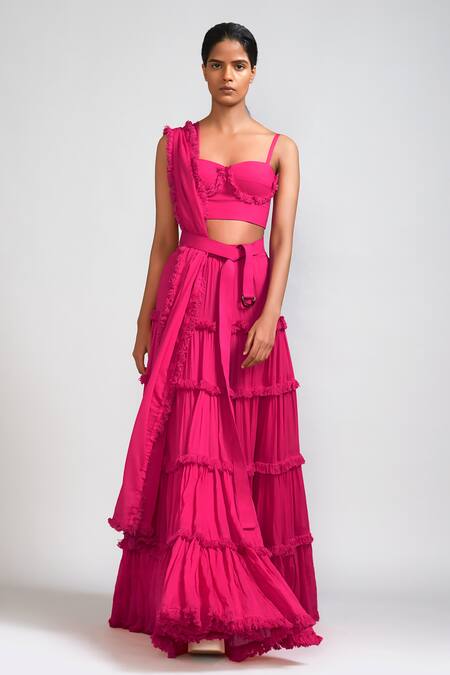 Buy_Mati_Pink Cotton Fringe, Tassels Sweetheart Neck Lehenga Blouse Set _Online_at_Aza_Fashions