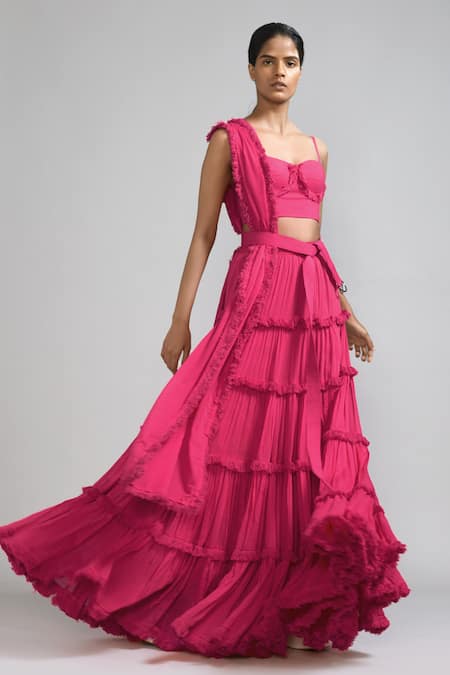 Shop_Mati_Pink Cotton Fringe, Tassels Sweetheart Neck Lehenga Blouse Set _Online_at_Aza_Fashions