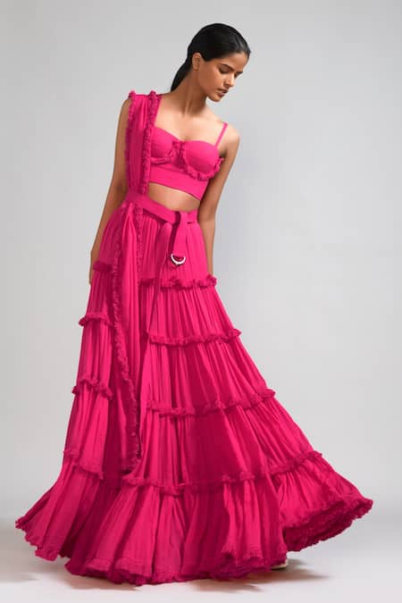 Mati_Pink Cotton Fringe, Tassels Sweetheart Neck Lehenga Blouse Set _at_Aza_Fashions
