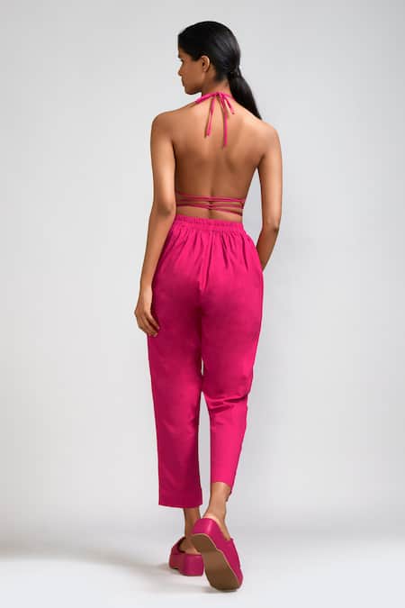 Shop MATI_1 Pink Cotton Halter Neck Neon Bralette And Pant Set at Aza Fashions Shop_MATI_1_Pink Cotton Halter Neck Neon Bralette And Pant Set _at_Aza_Fashions