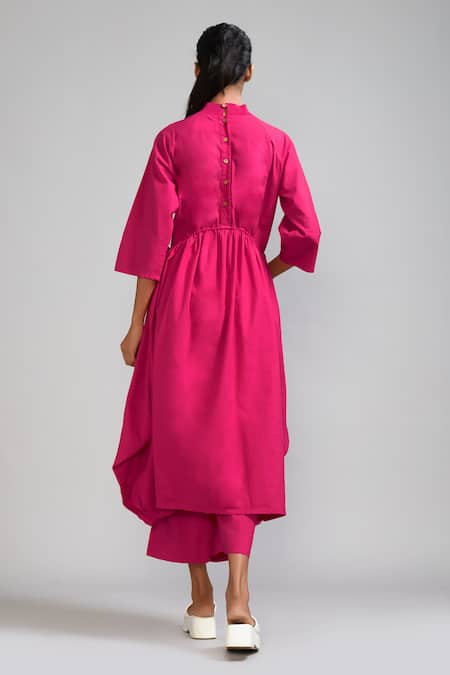 Shop_Mati_Pink Cotton High Neck High-low Tunic And Flared Pant Set _at_Aza_Fashions