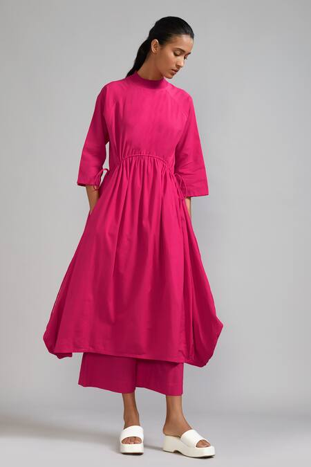 Mati_Pink Cotton High Neck High-low Tunic And Flared Pant Set _Online_at_Aza_Fashions