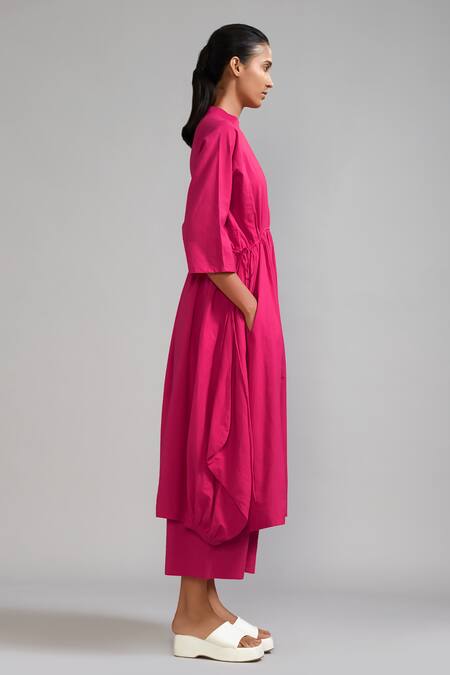 Buy_Mati_Pink Cotton High Neck High-low Tunic And Flared Pant Set _Online_at_Aza_Fashions