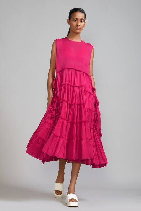 MATI_Pink Cotton Fringe Collared, Halter Neck Tassel Embellished Tunic And Shorts Set_Online_at_Aza_Fashions