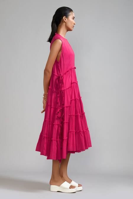 Buy_MATI_Pink Cotton Fringe Collared, Halter Neck Tassel Embellished Tunic And Shorts Set_Online_at_Aza_Fashions