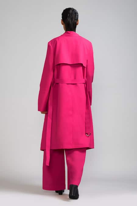 Shop_Mati_Pink Cotton Collared Plain Notched Trench Jacket _at_Aza_Fashions