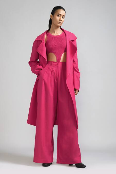 Mati_Pink Cotton Collared Plain Notched Trench Jacket _Online_at_Aza_Fashions