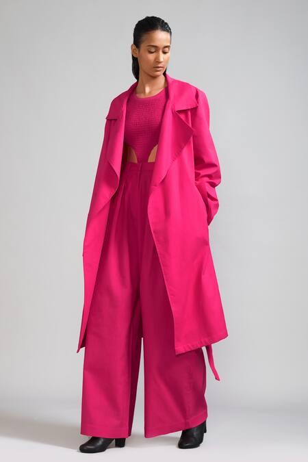 Buy_Mati_Pink Cotton Collared Plain Notched Trench Jacket _Online_at_Aza_Fashions