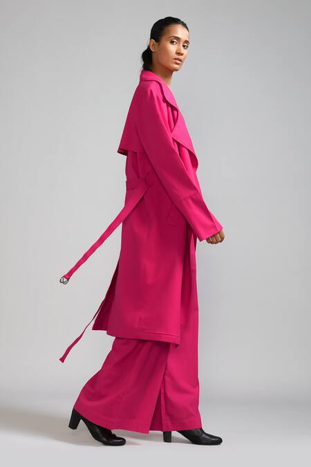 Shop_Mati_Pink Cotton Collared Plain Notched Trench Jacket _Online_at_Aza_Fashions