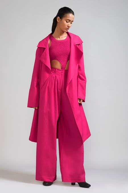 Buy_Mati_Pink Cotton Collared Notched Trench Jacket Pant Set _Online_at_Aza_Fashions