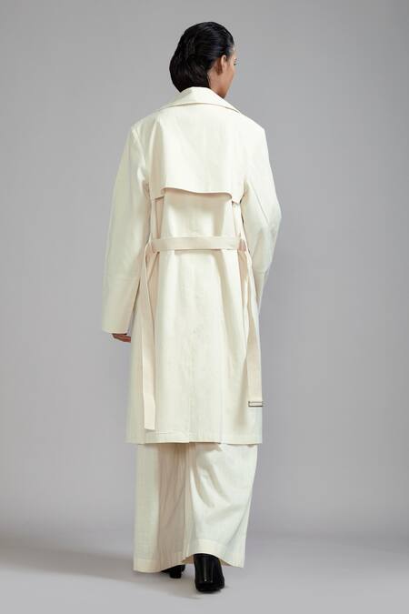 Shop_MATI_Off White Cotton Collared Trench Jacket _at_Aza_Fashions