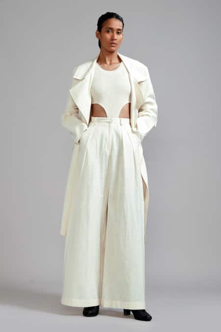 MATI_Off White Cotton Collared Trench Jacket _Online_at_Aza_Fashions