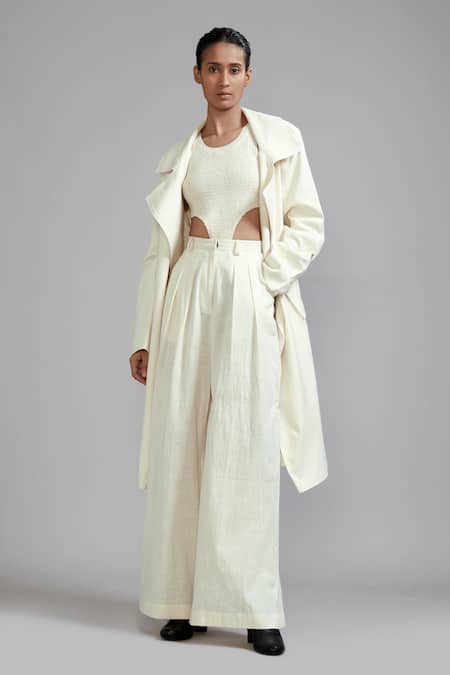 Buy_MATI_Off White Cotton Collared Trench Jacket _Online_at_Aza_Fashions