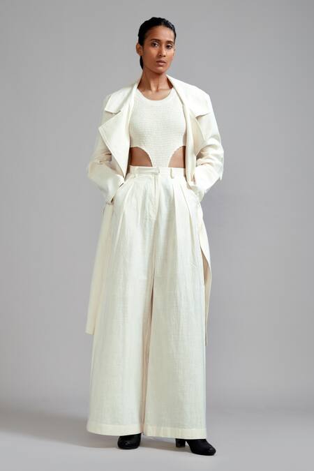 Mati_Off White Cotton Collared Trench Jacket And Trouser Set _Online_at_Aza_Fashions