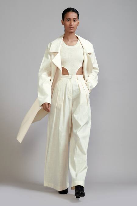 Buy_Mati_Off White Cotton Collared Trench Jacket And Trouser Set _Online_at_Aza_Fashions