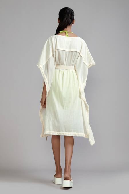 Shop_MATI_Off White Cotton Fringe Boat Neck Edge Kaftan _at_Aza_Fashions