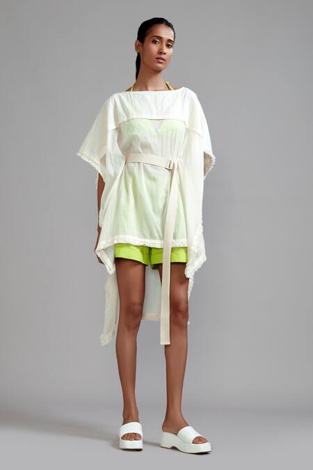 MATI_Off White Cotton Fringe Boat Neck Edge Kaftan _Online_at_Aza_Fashions