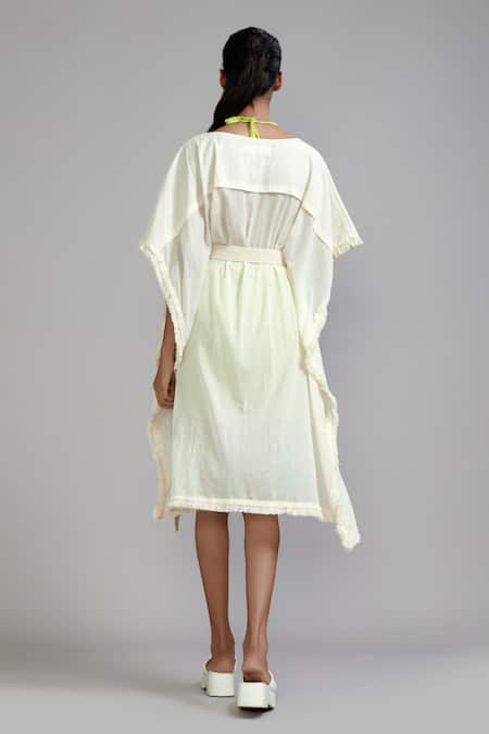 Shop_Mati_Off White Cotton Fringe Boat , Round Edge Kaftan And Shorts Set _at_Aza_Fashions