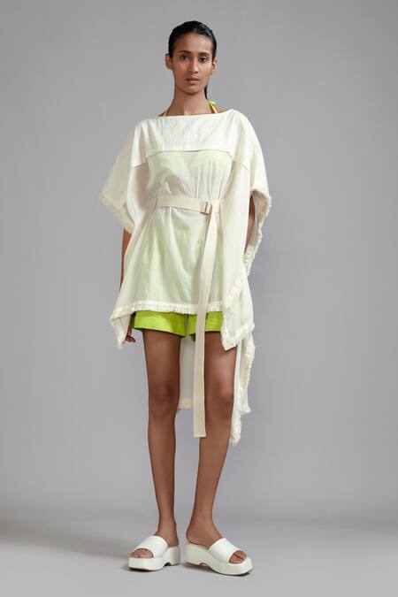 Mati_Off White Cotton Fringe Boat , Round Edge Kaftan And Shorts Set _Online_at_Aza_Fashions