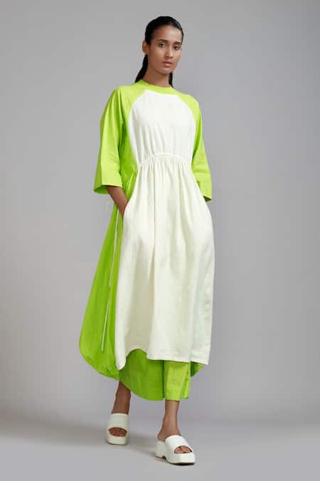 Shop_Mati_Off White Cotton Round Neck Color Block Tunic And Pant Set _Online_at_Aza_Fashions