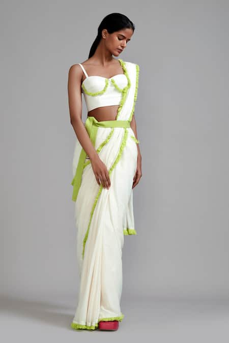 Shop_Mati_Off White Cotton Fringe Sweetheart Neck Detailed Corset And Saree Set _at_Aza_Fashions