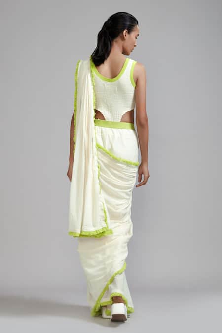 Shop MATI_1 Off White Smocked Bodysuit And Saree Set at Aza Fashions Shop_MATI_1_Off White Smocked Bodysuit And Saree Set _at_Aza_Fashions
