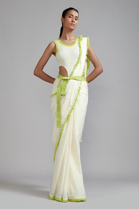Shop MATI_1 Off White Smocked Bodysuit And Saree Set Online at Aza Fashions Shop_MATI_1_Off White Smocked Bodysuit And Saree Set _Online_at_Aza_Fashions