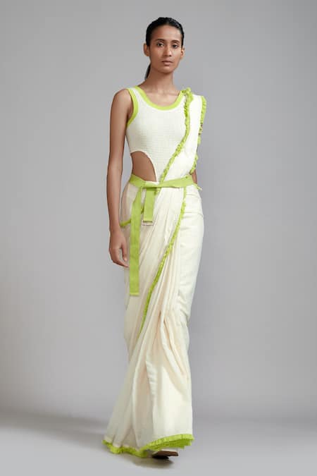 MATI_1 Off White Smocked Bodysuit And Saree Set at Aza Fashions MATI_1_Off White Smocked Bodysuit And Saree Set _at_Aza_Fashions