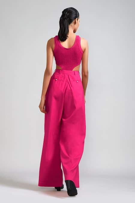 Shop_Mati_Pink Cotton Round Neck Smocked Bodysuit And Pant Set _at_Aza_Fashions