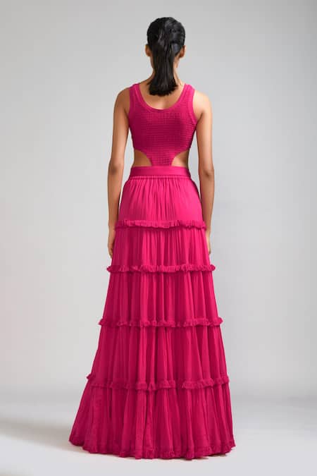 Shop_Mati_Pink Cotton Fringe Smocked Bodysuit And Lehenga Set _at_Aza_Fashions