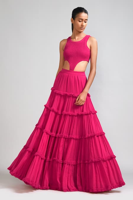 Mati_Pink Cotton Fringe Smocked Bodysuit And Lehenga Set _Online_at_Aza_Fashions
