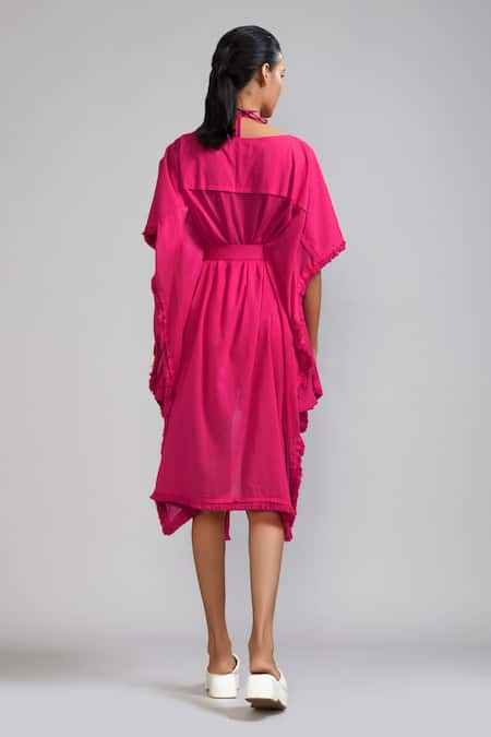 Shop_MATI_Pink Cotton Fringe Boat Neck Edge Kaftan _at_Aza_Fashions