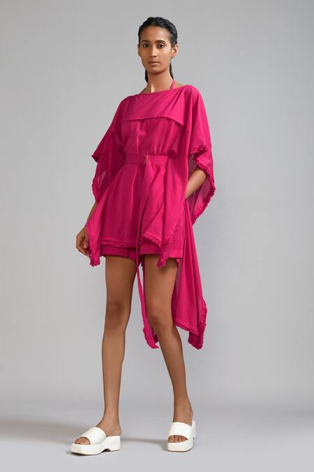 MATI_Pink Cotton Fringe Boat Neck Edge Kaftan _Online_at_Aza_Fashions