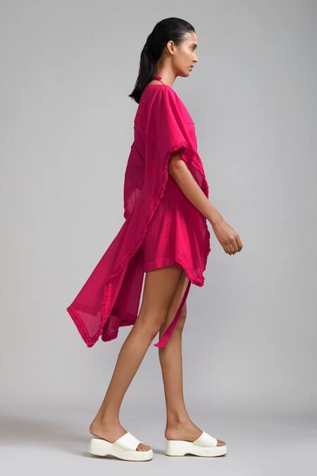 Buy_MATI_Pink Cotton Fringe Boat Neck Edge Kaftan _Online_at_Aza_Fashions