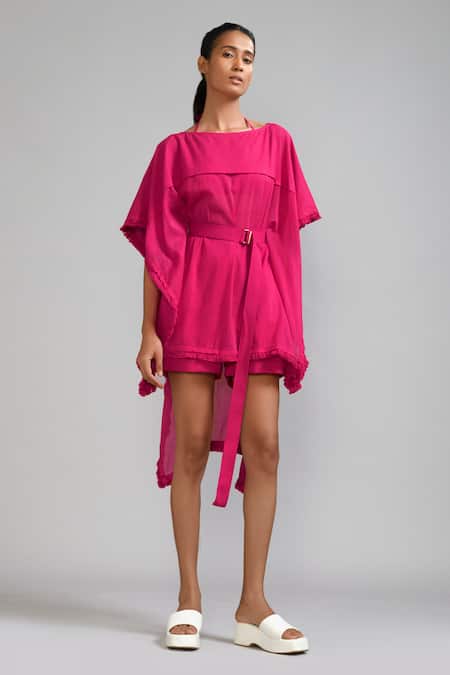 Mati_Pink Cotton Fringe Round , Boat Edge Kaftan And Shorts Set _Online_at_Aza_Fashions