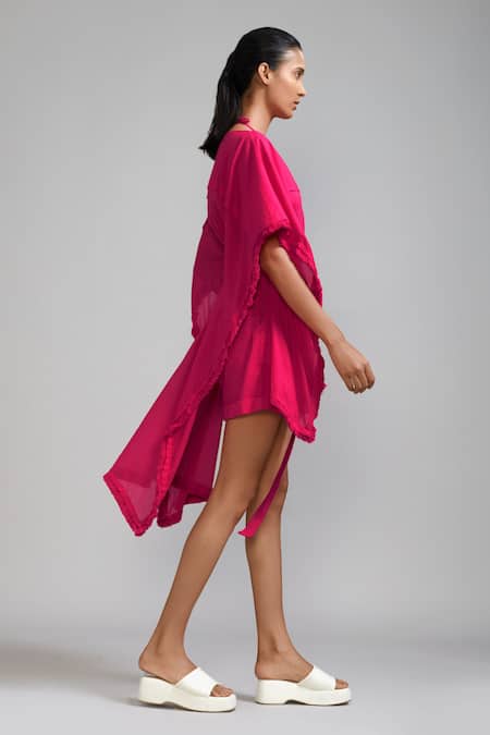 Buy_Mati_Pink Cotton Fringe Round , Boat Edge Kaftan And Shorts Set _Online_at_Aza_Fashions