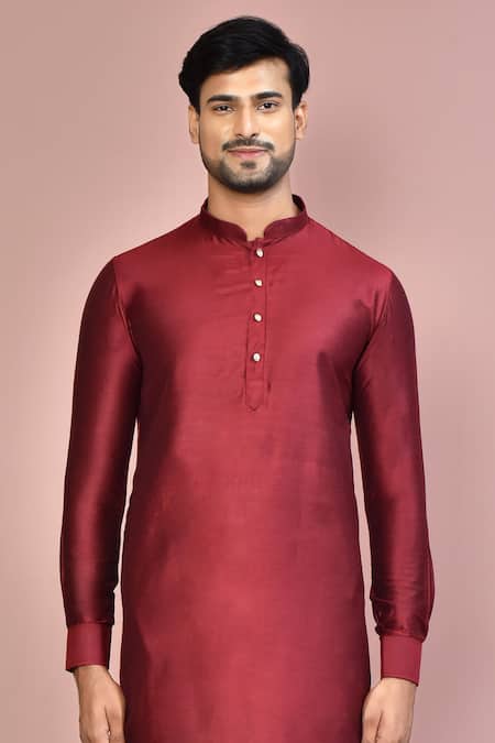 Arihant Rai Sinha_Maroon Cotton, Silk Plain Kurta_Online_at_Aza_Fashions