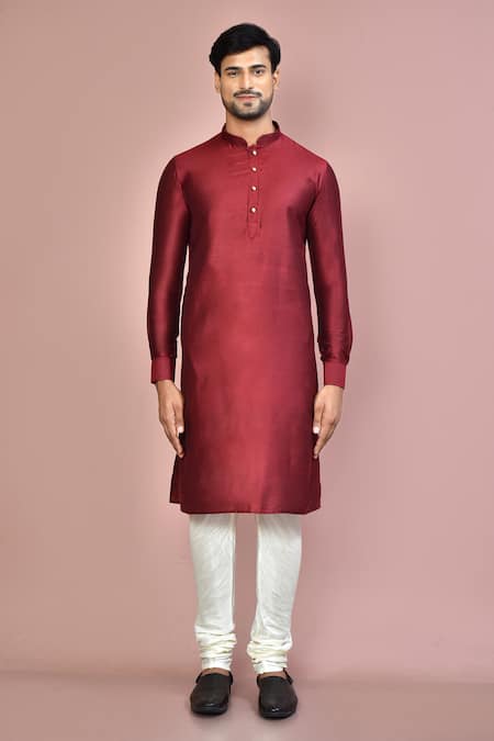 Buy_Arihant Rai Sinha_Maroon Cotton, Silk Plain Kurta_Online_at_Aza_Fashions