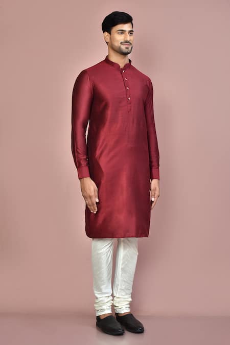 Arihant Rai Sinha_Maroon Cotton, Silk Plain Kurta_at_Aza_Fashions