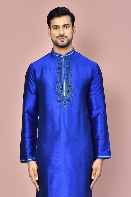 Arihant Rai Sinha_Blue Silk Embroidery Hand Kurta _Online_at_Aza_Fashions