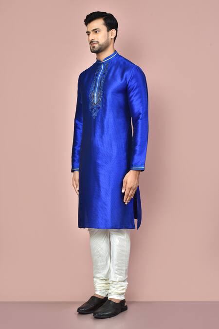 Shop_Arihant Rai Sinha_Blue Silk Embroidery Hand Kurta _Online_at_Aza_Fashions